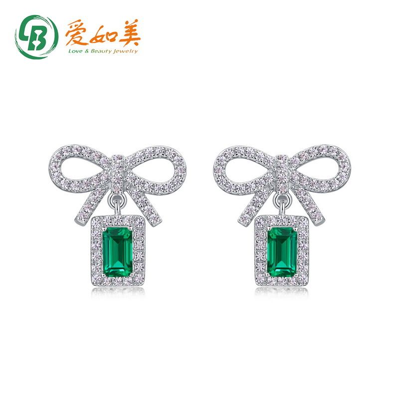 New Exquisite Fashion Bowknot Light Luxury High-end Feel S Silver Cultured Emerald Stud Earrings_voghion.com