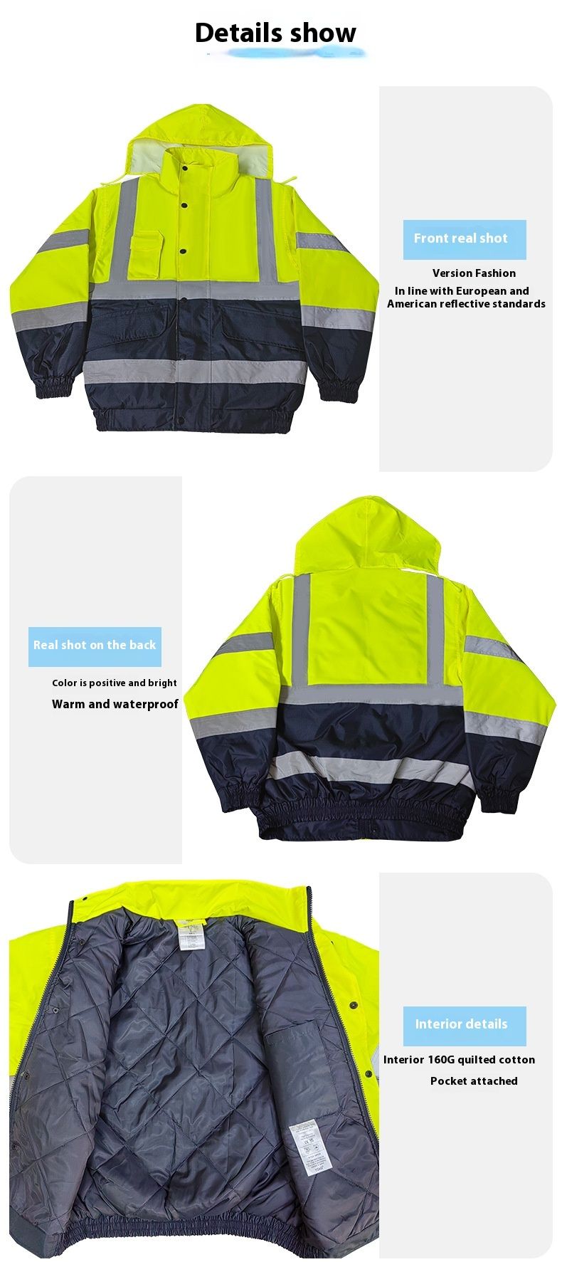Reflective Cotton 300d Oxford Cloth Waterproond Windproof For Winter Warmth, Multi Pocket Reflective Jacket_voghion.com