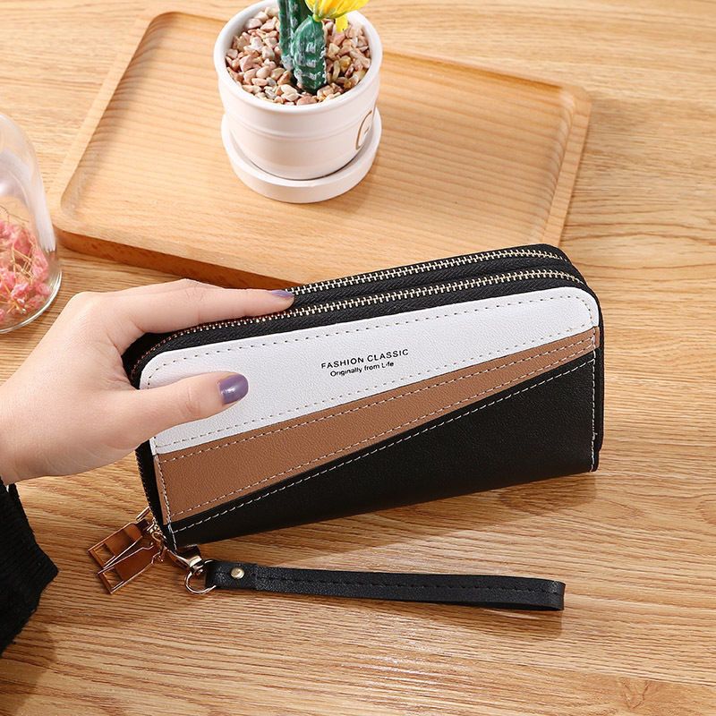Nueva cartera con doble cremallera para mujer, larga, estilo coreano, con costuras en contraste de color, gran capacidad, doble capa, cartera para teléfono móvil_voghion.com