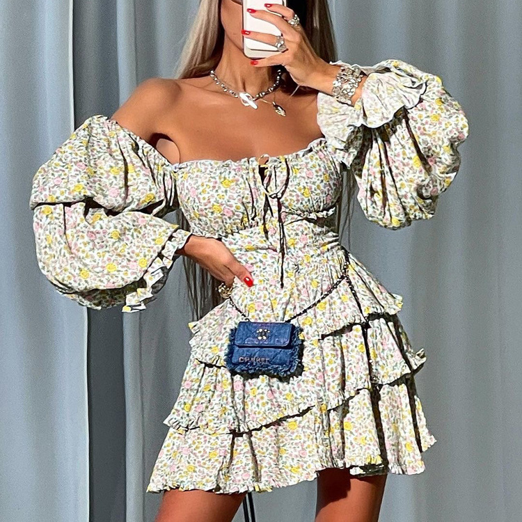 Damesrok, sexy tutu-jurk met één schouder en lange mouwen, tubetop met print en bloemenrok_voghion.com