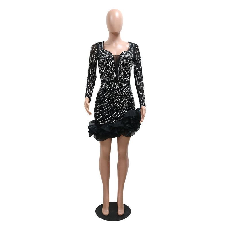Women's Clothing Fashion Heavy Duty Hot Diamond Beading Ruffle Stitching Sexy Tight Hip Dress_voghion.com