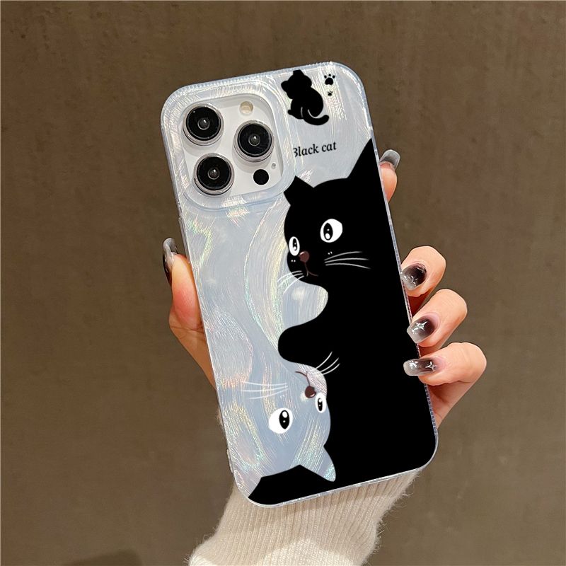 Custodia per telefono con gatto nero dei cartoni animati per iPhone 16 15 Custodia per iPhone 13 11 12 14 Pro Max XR XS X 7 8 Plus SE2 Custodia con piume argentate_voghion.com