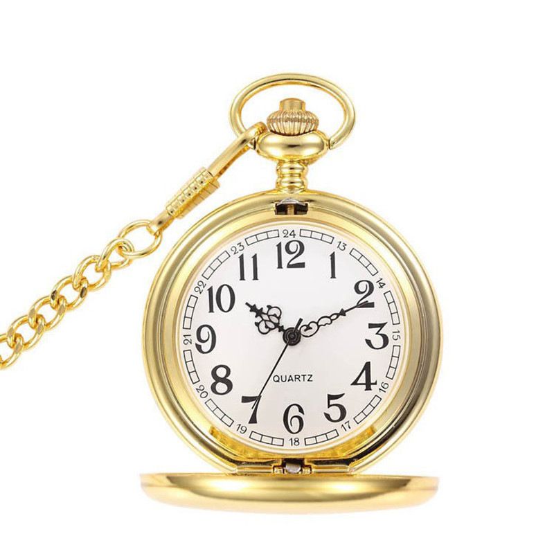 Smooth Surface Flip Cover Quartz Thick Chain Gold Pocket Watch_voghion.com