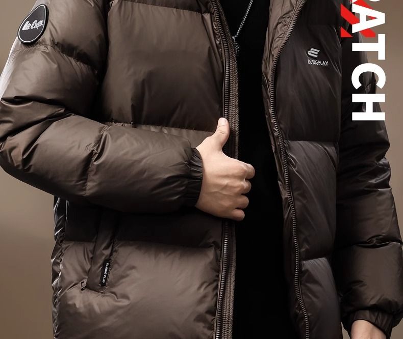 Heren winterjas met capuchon en korte puffer, vulling van 90% eendendons, losse pasvorm, oversized jas voor koud weer (zwart, latte bruin)_voghion.com