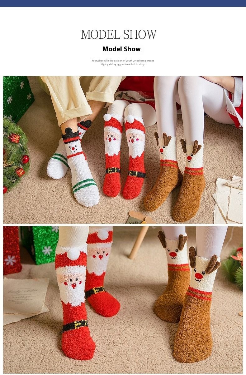 3-Pair Women's Coral Fleece Christmas Socks, Non-Shedding Fuzzy Sleep Socks With Half-Side Plush, Festive Ankle Socks For Home_voghion.com