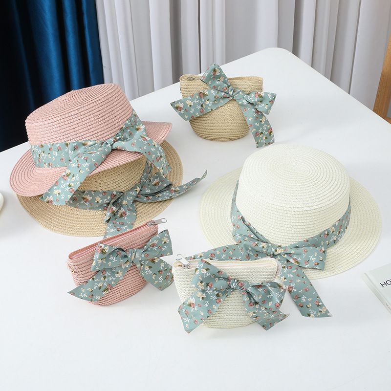 Föräldra- och barnsolskydd för kvinnor, ny platt kant, halmväska, solskyddshatt för sommarprinsessa, babystrand_voghion.com