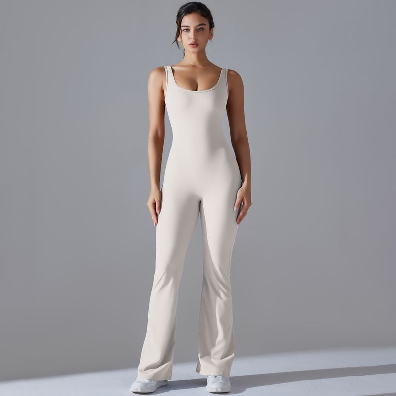 Neuer, einfarbiger, hüfthebender, langer, schmal geschnittener Jumpsuit mit weitem Bein für Sport, Laufen, Fitness und Yoga_voghion.com