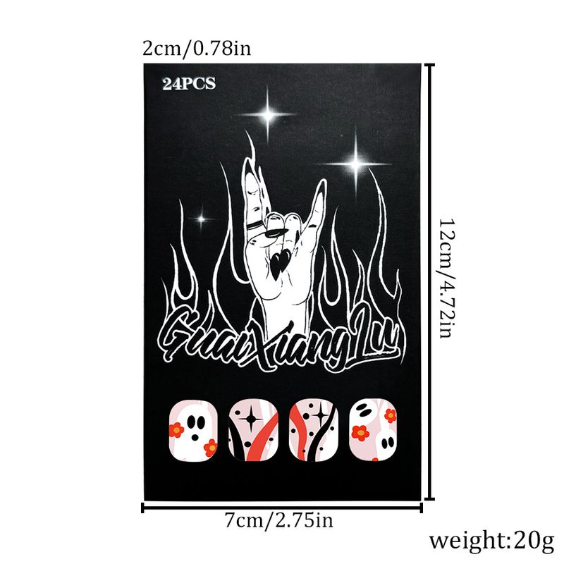 Nail Art a strisce irregolari multicolore con fiore bianco fantasma carino ovale corto lucido di Halloween, 24 pezzi_voghion.com