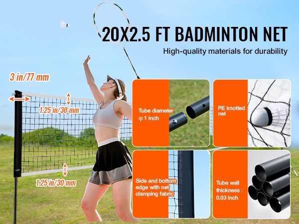 VEVOR Badminton Net Set, Outdoor Backyard Beach Park Badminton Net, Portable Badminton Equipment Set, Adults Kids Badminton Net With Poles, Carrying Bag, 4 Iron Rackets, And 3 Nylon Shuttlecocks_voghion.com