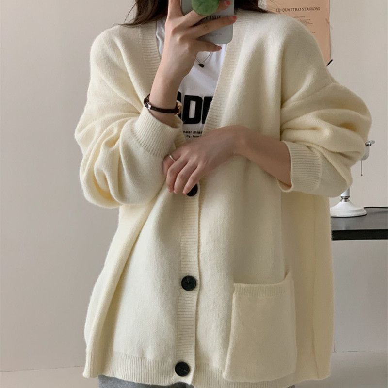 Lazy Style Graue Strickjacke Damen Herbst Neue Koreanische Version Lose Pullover Jacke Mittellanges Oberteil_voghion.com