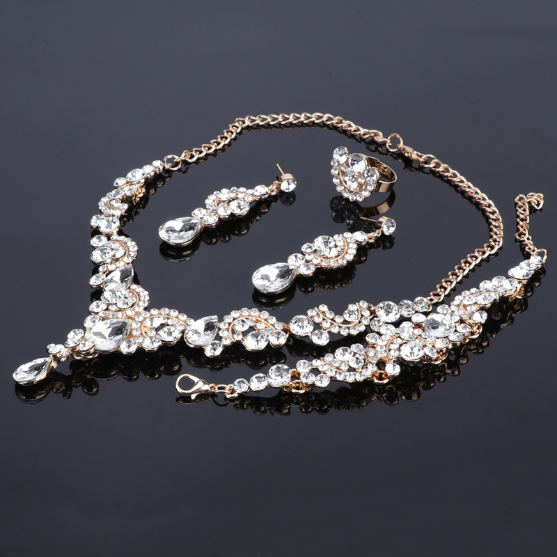 Luxuriöse Statement-Halskette, Ohrringe, Armband, Ring, Schmucksets für Frauen, Kristall-Lätzchen, goldfarbene Kette, Brautschmuck_voghion.com
