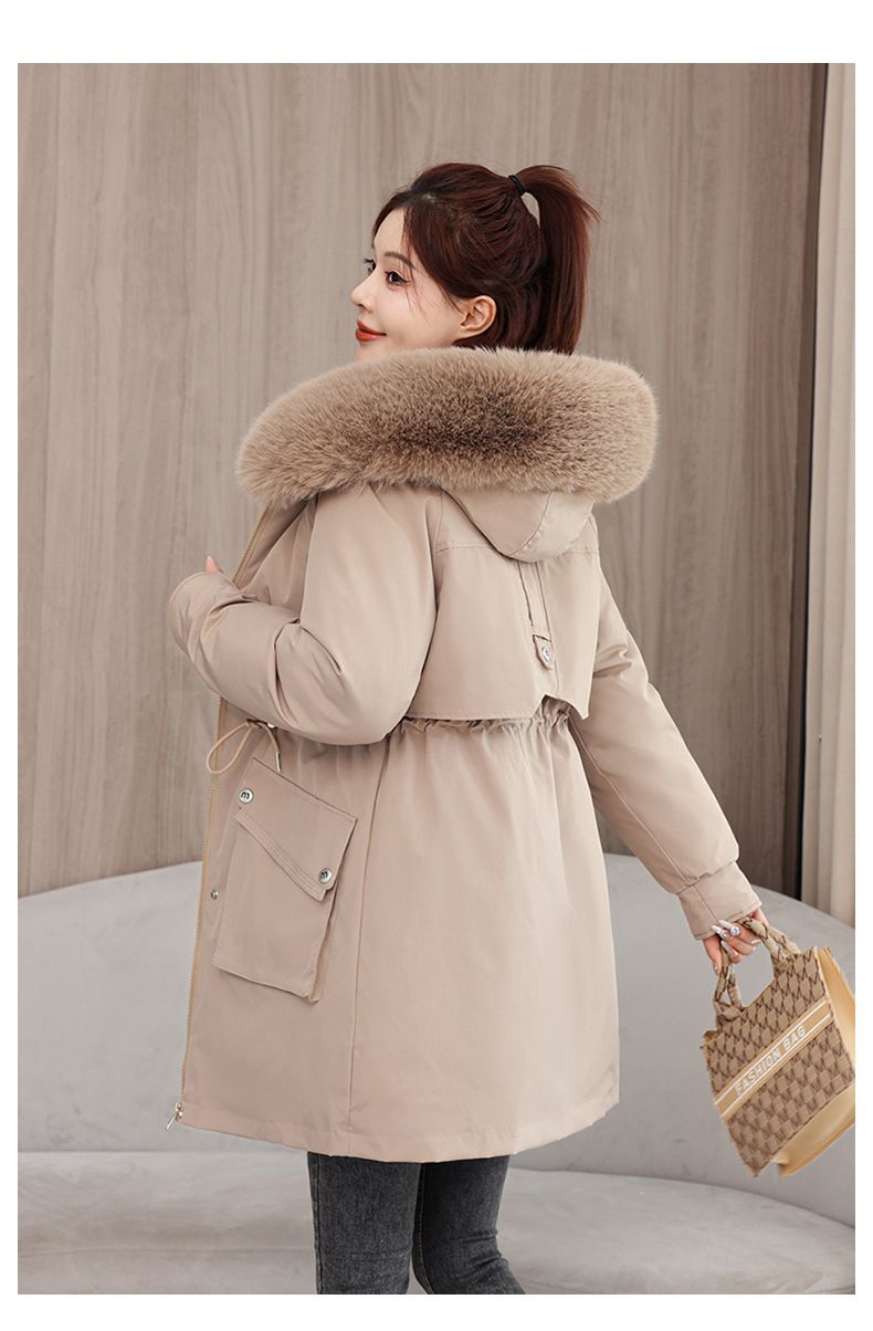 Women's Parka Coat With Detachable Faux Fur Hood, Mid-Length Winter Jacket For Ladies, Warm Quilted Polyester Outerwear With Rabbit Fur Trim_voghion.com