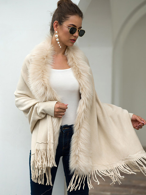 Fitshinling col en fourrure hiver châles et enveloppes bohème frange surdimensionné femmes hiver Ponchos et Capes manches chauve-souris Cardigan_voghion.com