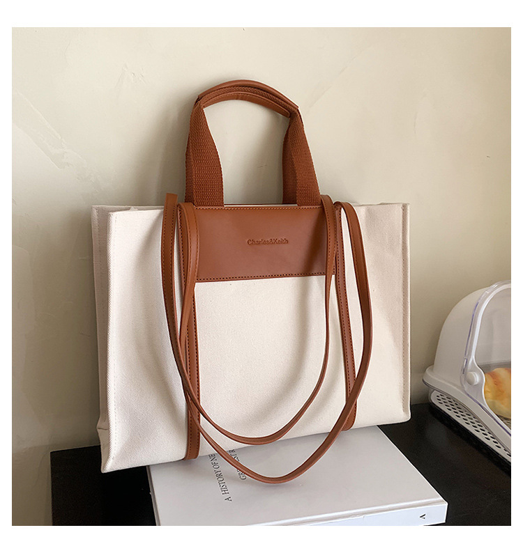 Borse tote da donna, semplici borse tote da donna con colori di tela a contrasto e tracolla singola di grande capacità._voghion.com
