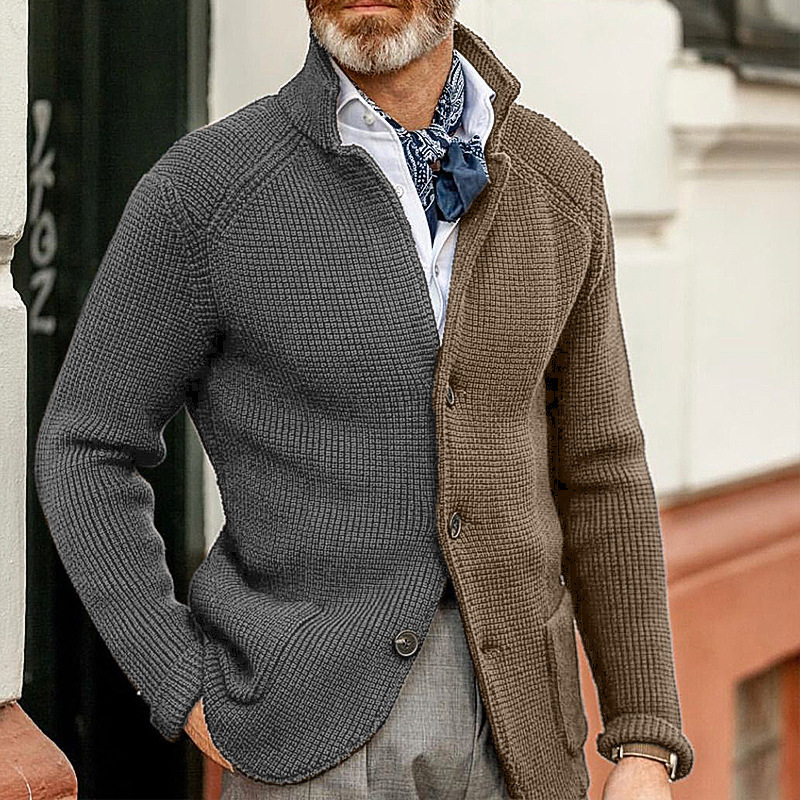 Strickjacke für Herren in passender Farbe, schmaler Schnitt, langärmliger Strickmantel mit Stehkragen_voghion.com