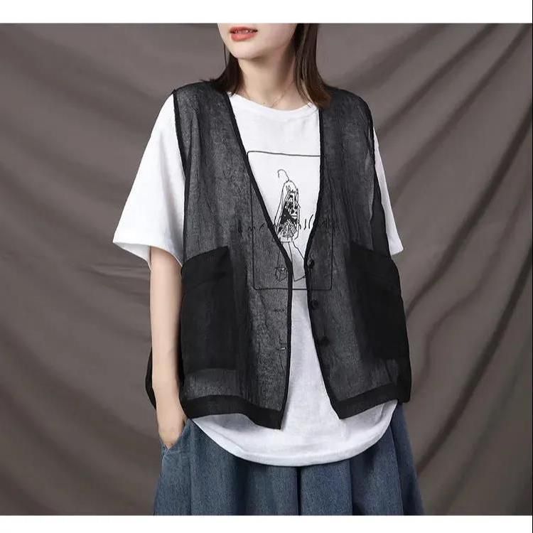 Gilet sans manches léger et polyvalent pour femme grande taille, style artistique, à bordure croisée, idéal pour l'automne._voghion.com