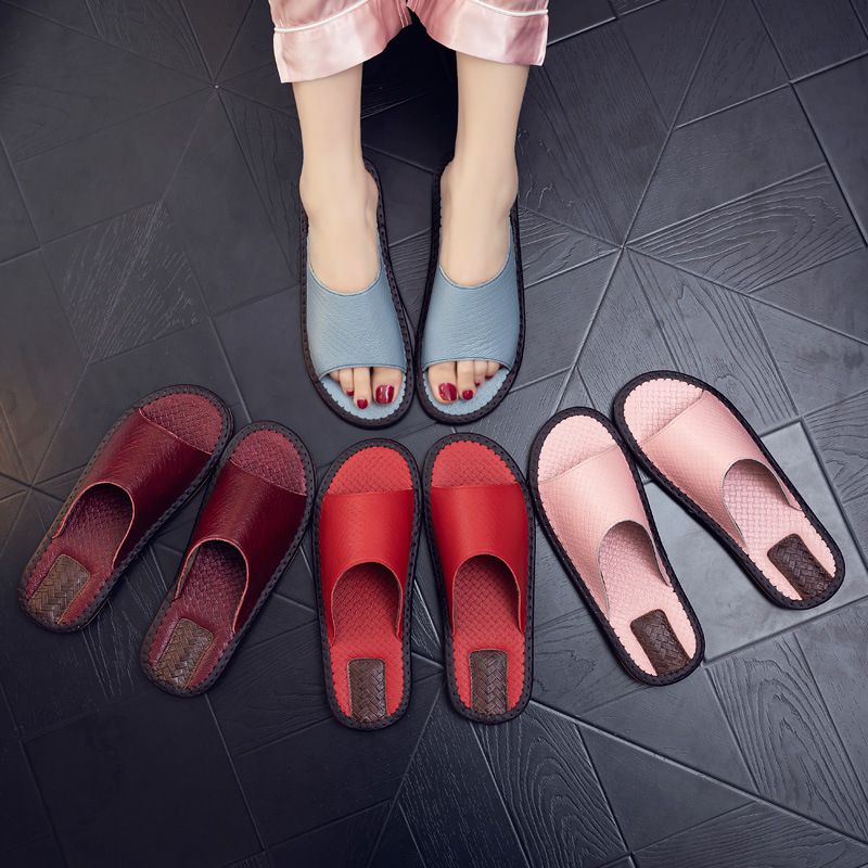 Ciabatte in pelle di vacchetta di qualità imbattibile per coppie, antiscivolo per pavimenti, adatte per la camera da letto estiva, nuove scarpe da casa in stile europeo._voghion.com