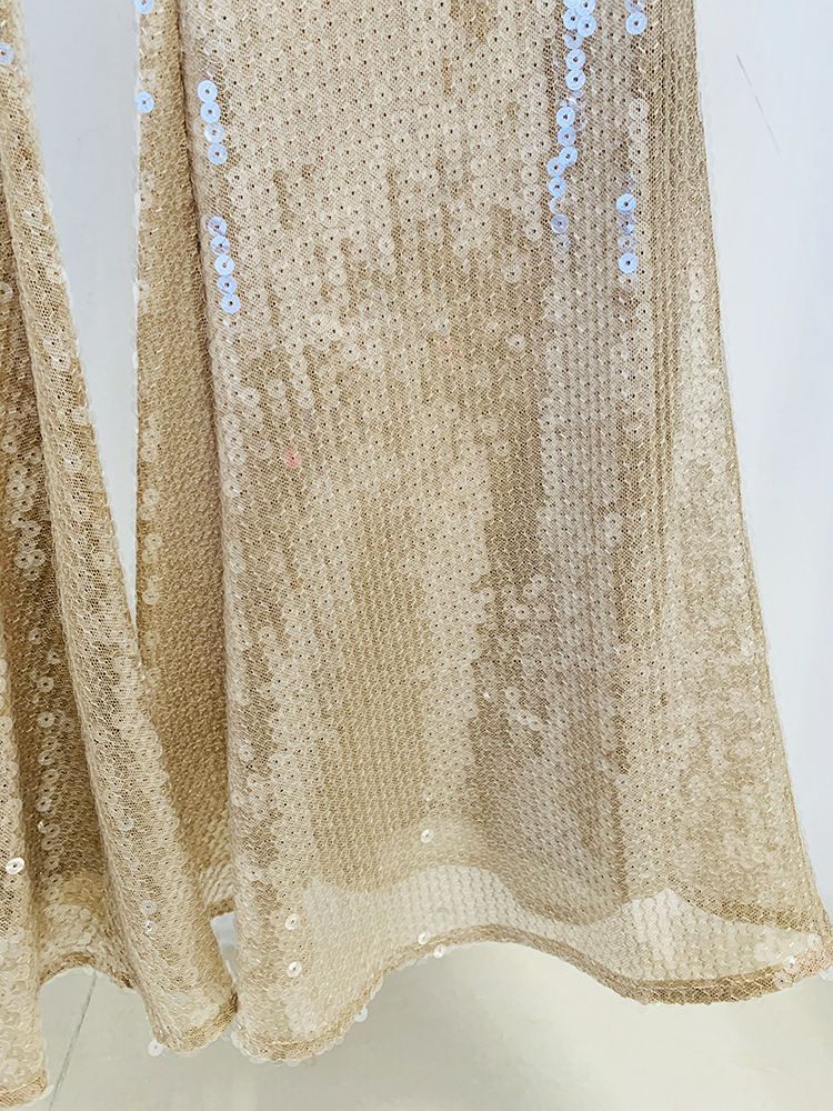 Ropa de mujer, moda estrella, mangas trompeta divididas, camisa de malla con cuentas y lentejuelas transparentes, pantalones acampanados_voghion.com