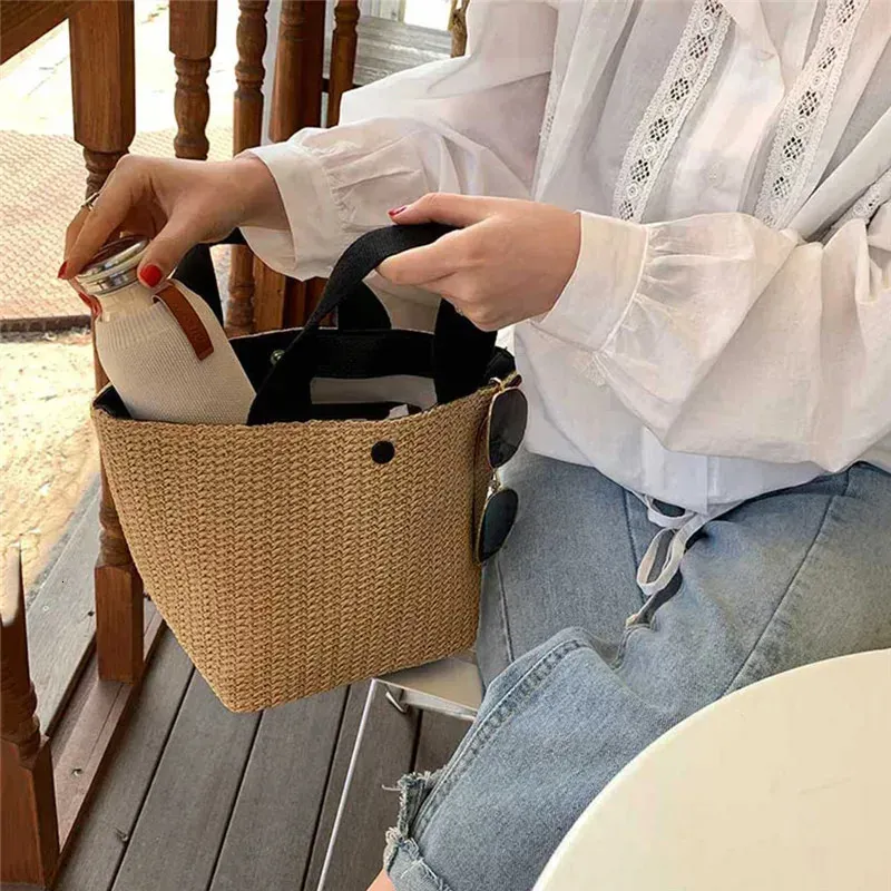 Borsa a tracolla da spiaggia in paglia da donna, stile bohémien, in rattan intrecciato, borsa a secchiello fatta a mano, borse a tracolla per 250314l_voghion.com