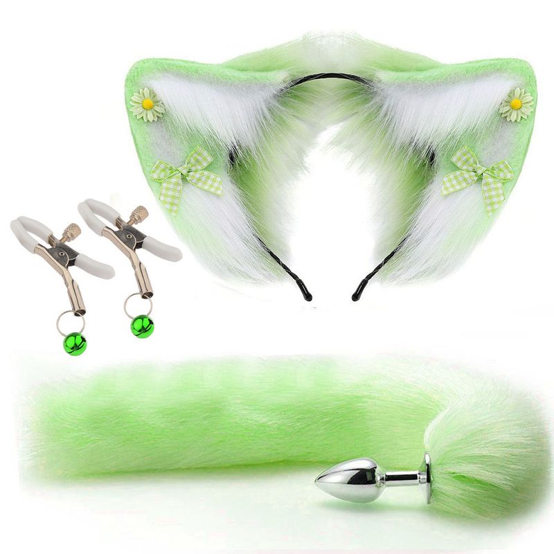 Yanse Sexy Peloso Orecchie di Gatto Colorate Coda di Volpe Lunga in Acciaio Inox Plug in Metallo Set Erotico Cosplay Lesbico Sesso Anale Plug per Donna_voghion.com