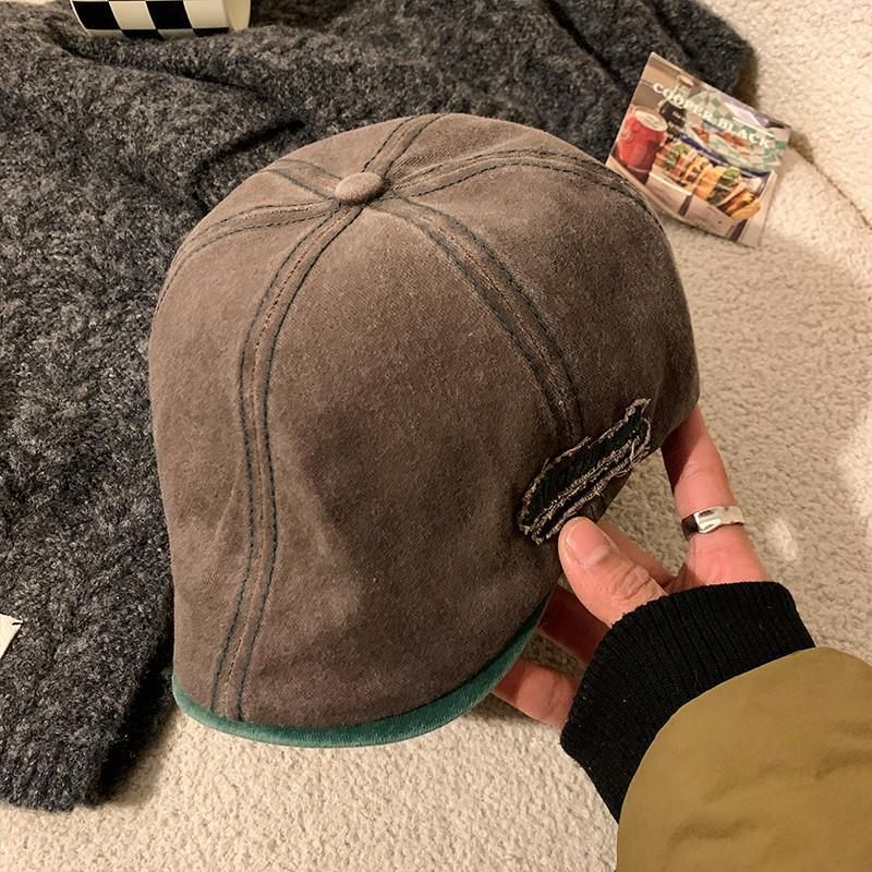 Berretto in denim lavato da donna, basco reversibile, versatile, con ampia circonferenza della testa, stile artistico._voghion.com