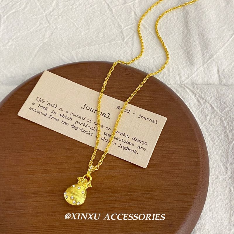 Anno fortunato~piccola borsa portafortuna in oro con collana intarsiata di diamanti, design di nicchia, temperamento semplice, moda versatile_voghion.com