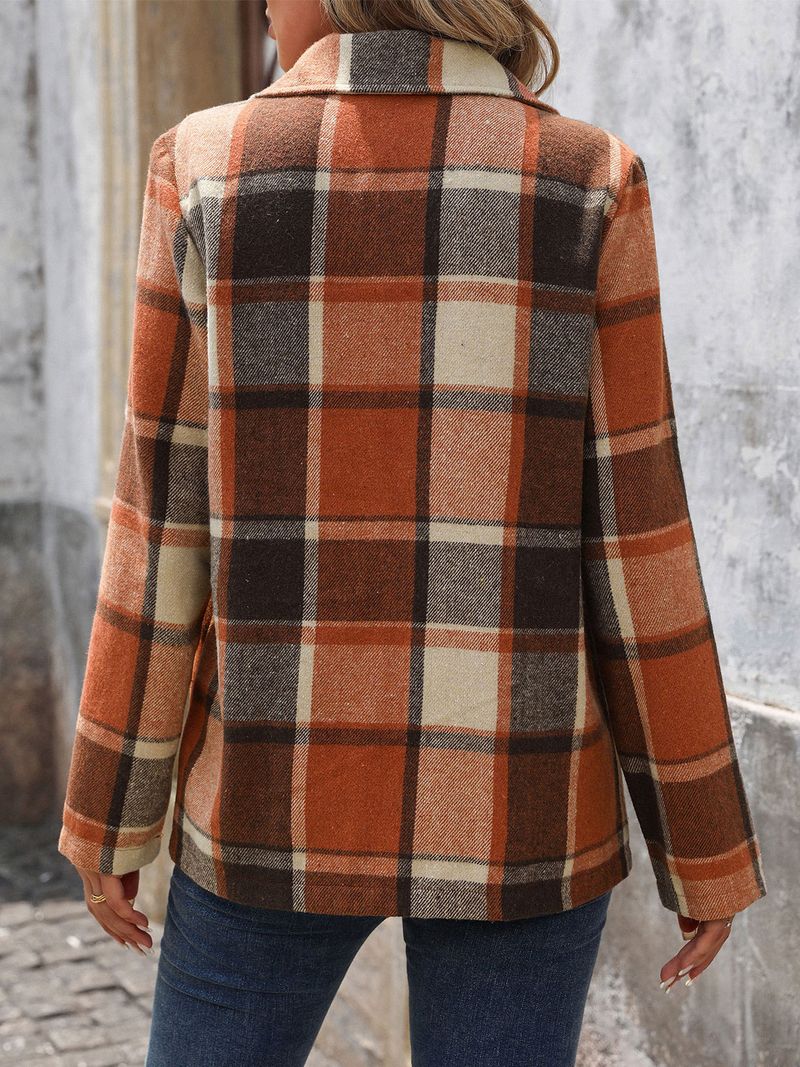 Women's Clothing Casual Retro Loose Brushed Plaid Blazer For Women - Oversized Office & Street Style Polyester Blend Long Sleeve Jacket_voghion.com