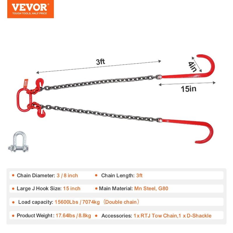 Chain VChain 8 Bridle J Hook Wrecker 3 Lbs Grab 15600 Hook X Tow G80 3'_voghion.com