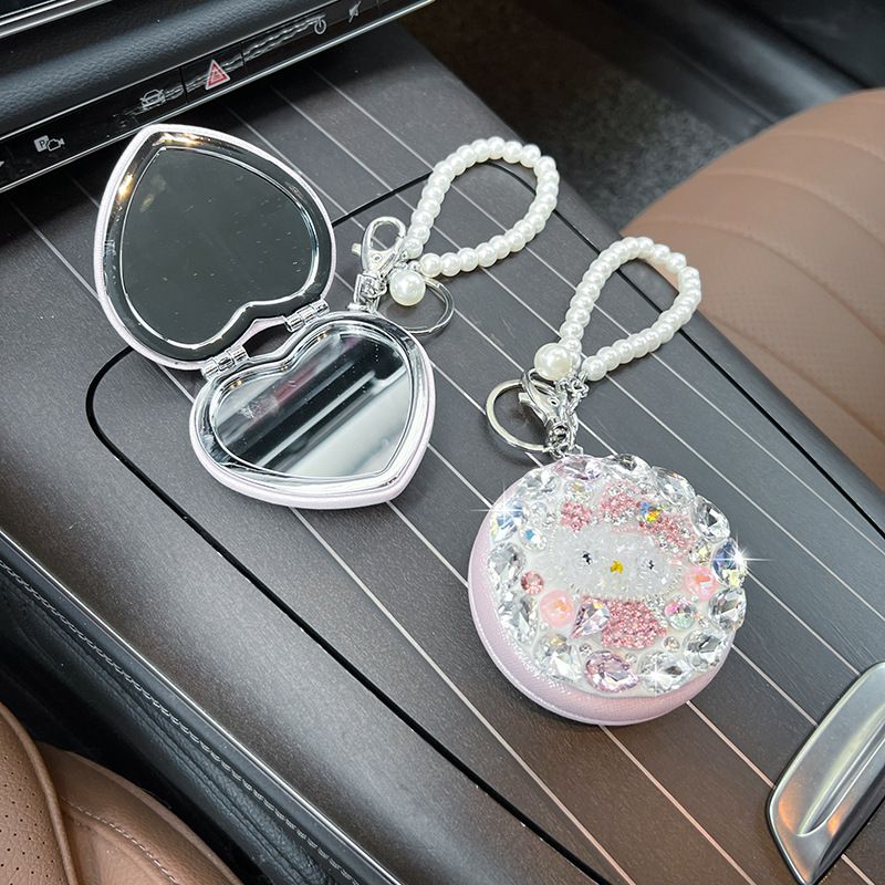 Llavero de cristal con forma de corazón y espejo plegable para maquillaje, con diseño de gato pequeño y diamante, ideal para bolso._voghion.com