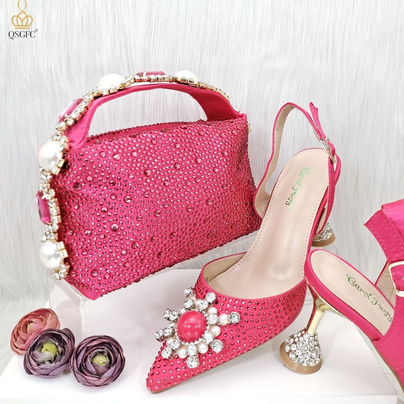 Scarpe da donna Set di scarpe e borsa da donna con punta a punta in stile semplice da festa con cinturino a diamante sul manico_voghion.com