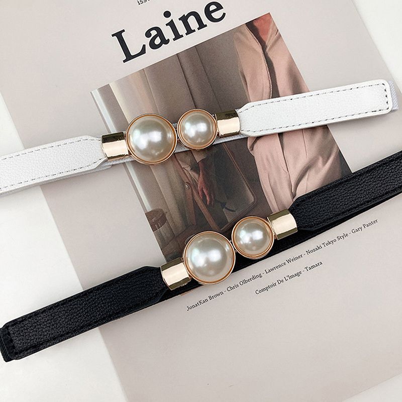 HOT Fashion Double Pearl Black Red White PU Leather Skirt Waist Elastic Thin Belts Waistband Women Belt for Dress_voghion.com