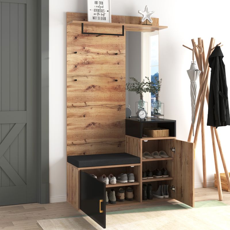 Ensemble garde-robe avec 4 patères, miroir, meuble à chaussures, meuble d'entrée mural avec étagère de rangement supérieure et banquette d'entrée – Installation murale avec perçage nécessaire_voghion.com