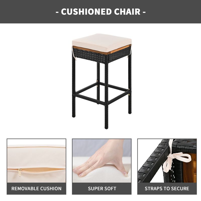 5-Piece Outdoor Acacia Wood Bar Height Table And Four Stools With Cushions, Garden PE Rattan Wicker Dining Table, Foldable Tabletop, High-Dining Bistro Set, All-Weather Patio Furniture, Brown_voghion.com