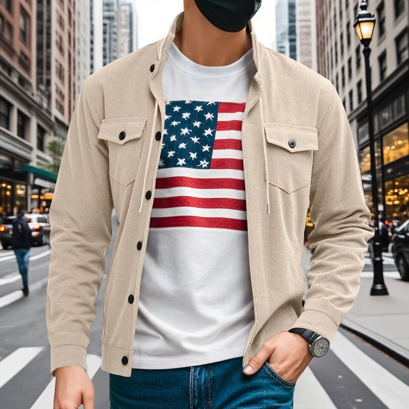 Autumn American Heavy Corduroy New Simple Versatile Multi Pocket Long Sleeved Stand Up Collar Jacket Men's Clothing_voghion.com