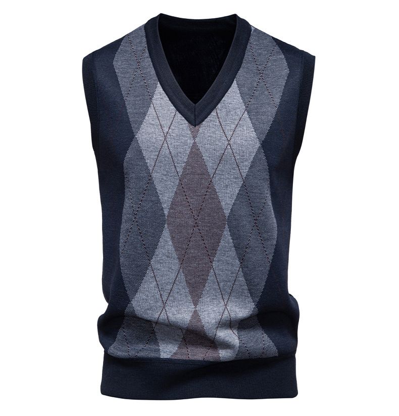 Herrenbekleidung, V-Ausschnitt, Jacquard, Slim Fit, V-Ausschnitt, Jacquard-Strickpullover für Herren – leichtes, ärmelloses Pullover-Oberteil (Grau, Marineblau, Weinrot)_voghion.com