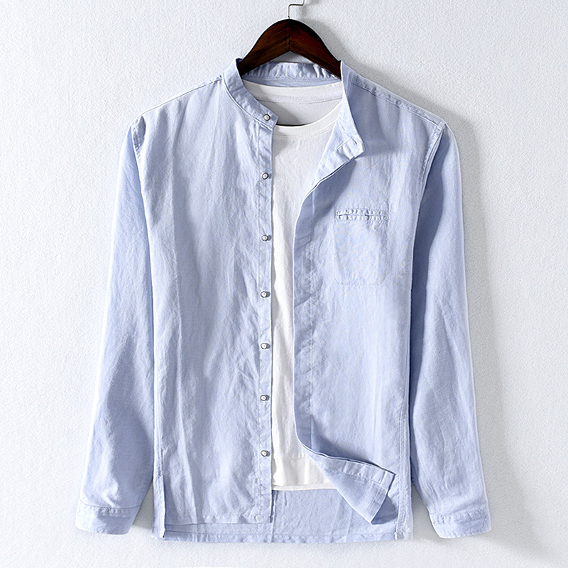 Camicia da uomo a maniche lunghe in tinta unita per il tempo libero da lavoro primaverile. Camicia da uomo in cotone e lino con colletto ribaltabile_voghion.com