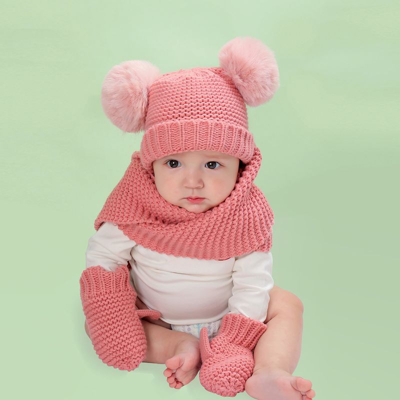 Vêtements pour bébé en laine monochrome, ensemble chaud pour enfants, chapeau, écharpe et gants, trois pièces_voghion.com