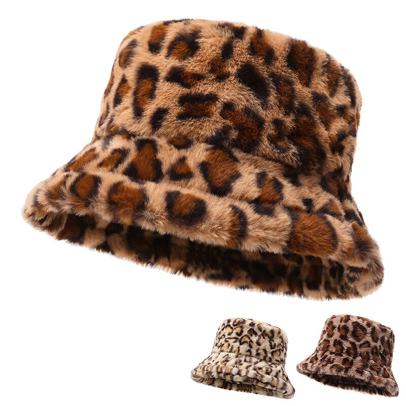 Vinter Vis ansigt Little Leopard Print Fisherman Woman Alsidig Warm Pot Ins Plys Bucket Hat_voghion.com