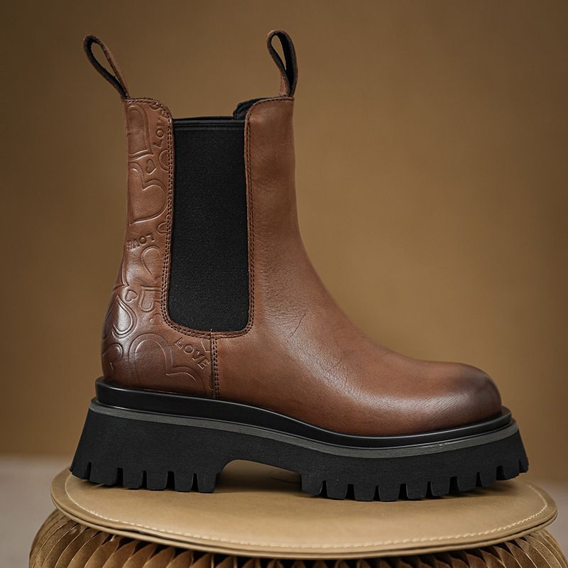Herbst Neue Britische Stil Echtleder Schornstein Dicke Sohle Kurze Vielseitige Mid-Calf Stiefel_voghion.com