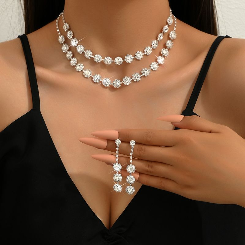 Conjunto de joyas para mujer, joyería de moda, venta al por mayor, accesorios de boda, conjunto de collar y pendientes de diamantes con girasol de doble capa, joyería_voghion.com