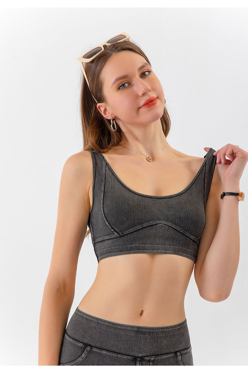 Reggiseno fitness push-up antiurto ad alta resistenza elastico aderente da donna in denim per yoga_voghion.com
