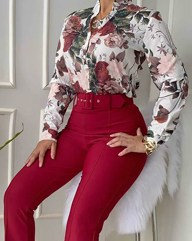 Fraen nei grenziwwerschreidend Casual Kostüm gedréckt Stand-up Kraang Langarm Shirt Top Breet Been Hosen Zwee-Stéck Set_voghion.com
