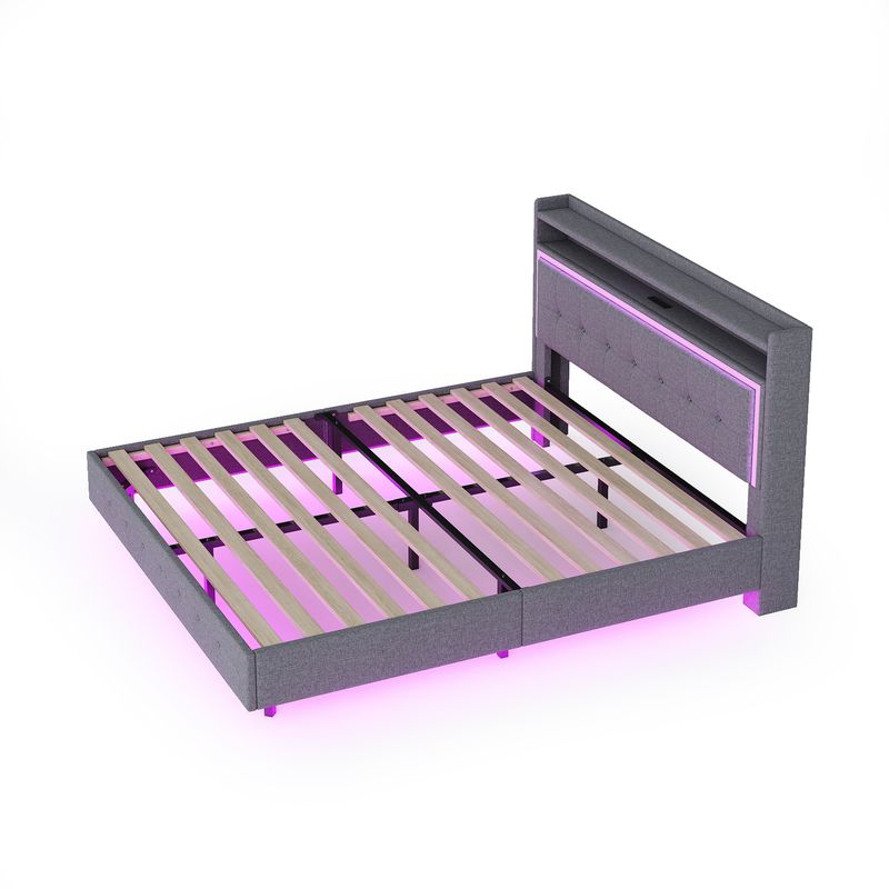 Polsterbett 140x200cm Con USB, LED, Fußen Versteckten, Leinenstoff Grau_voghion.com