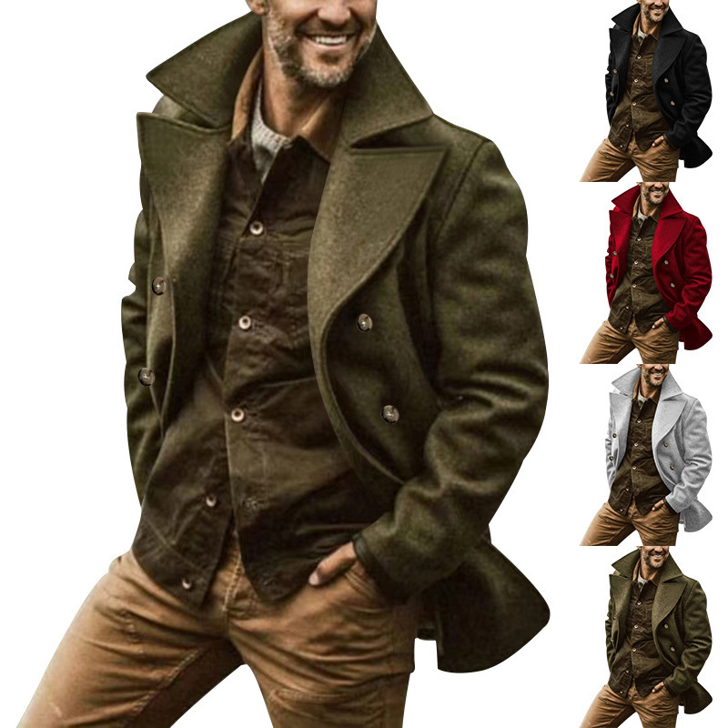 2024. gada rudens/ziemas kompozītmateriāla vīriešu mētelis vidēja garuma divrindu piegriezuma vējjaka ar pogām un atveramu apkakli_voghion.com