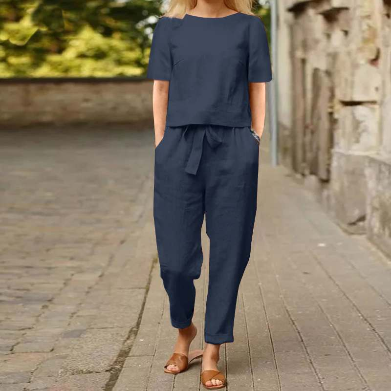 Sommeranzug aus Baumwolle und Leinen für Damen, halbärmeliges, übergroßes Überziehhemd mit O-Ausschnitt, Hosenset mit weitem Bein, Heimkleidung_voghion.com