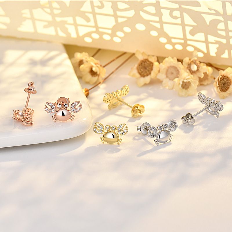 New crab earrings pure silver needles, summer ear accessories micro inlaid zircon, plated with real gold, color_voghion.com