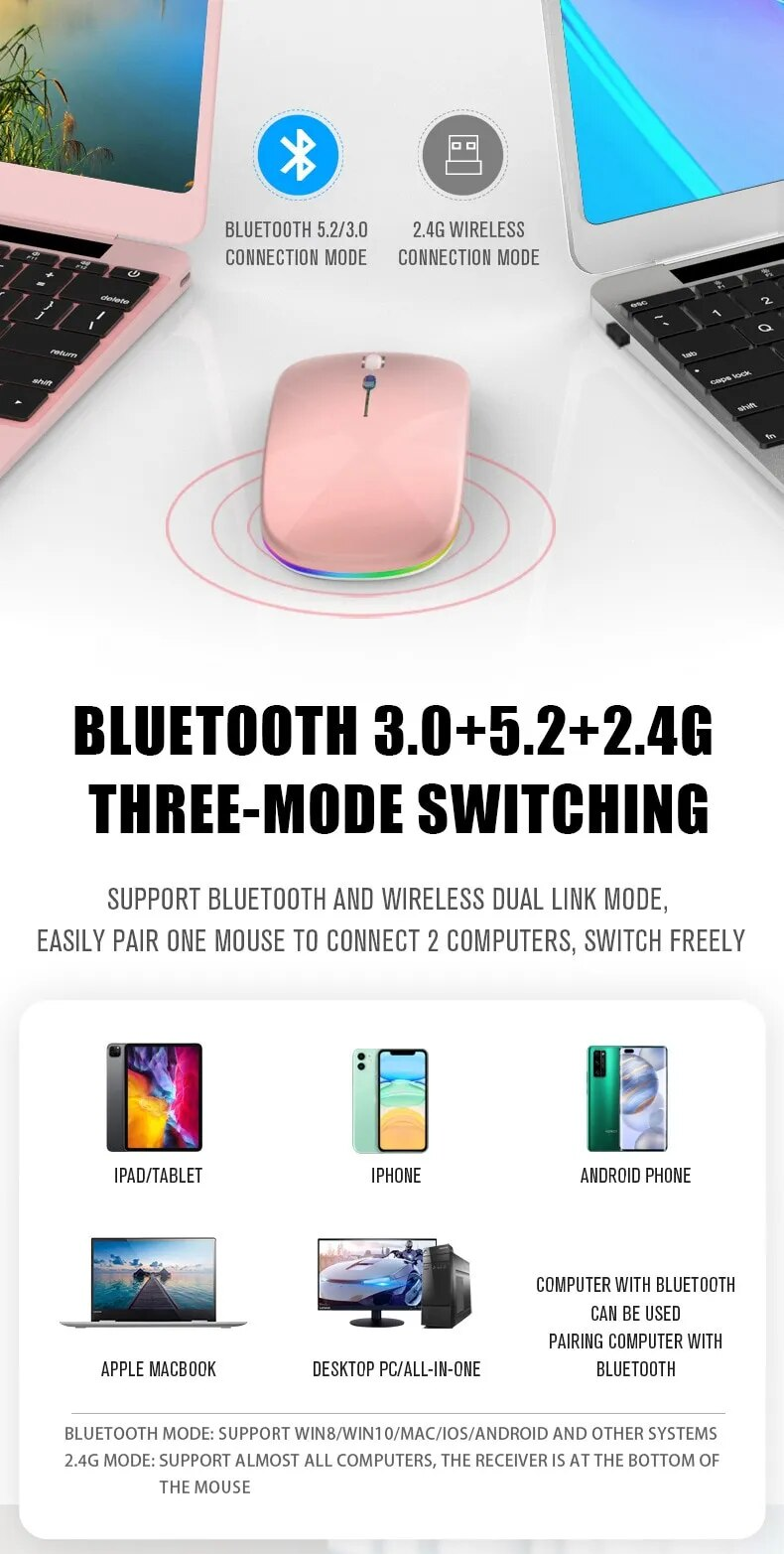 Tablet Phone Computer Bluetooth Charging Luminous 2.4G USB Wireless Portable Mouse_voghion.com