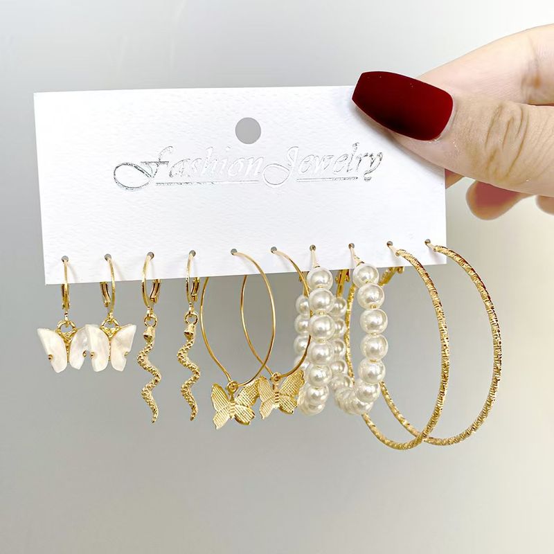 Metalen hoepel creatieve slangvormige oorclips acryl vlinder hoogwaardige parel oorbellen set voor vrouwen_voghion.com