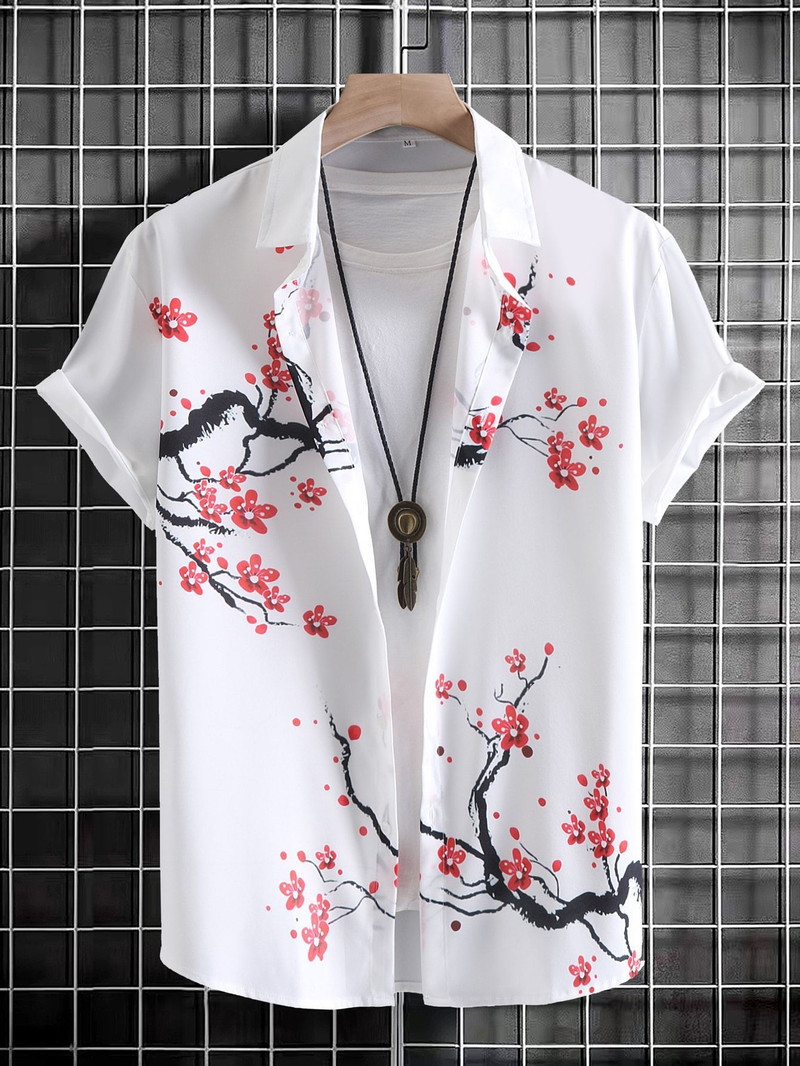 Camicia a maniche corte con stampa casual Plum Blossom da uomo_voghion.com