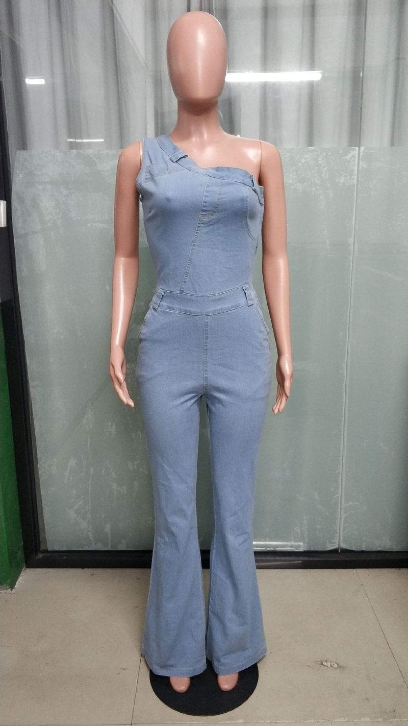 Abbigliamento da donna, spalla obliqua, vita stretta, tuta in denim lavato elastico sottile, pantaloni svasati_voghion.com